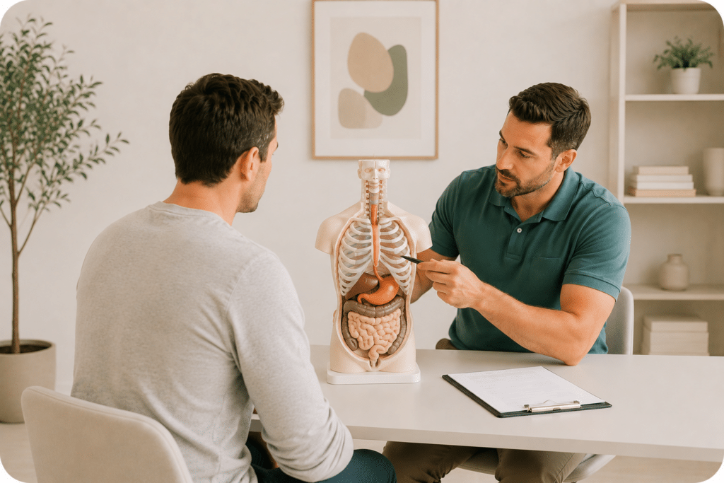 Chiropractor in Chicago explaining hiatal hernia anatomy and digestive pressure patterns to a patient during a consultation