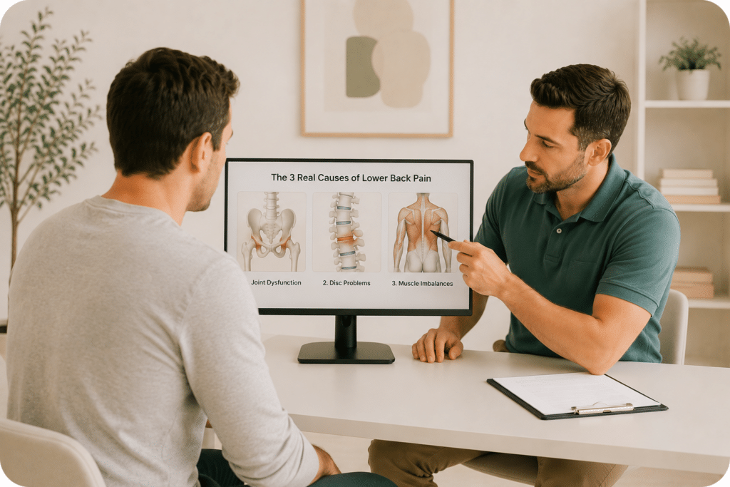 Chiropractor in Chicago explaining the causes of lower back pain to a patient during a consultation