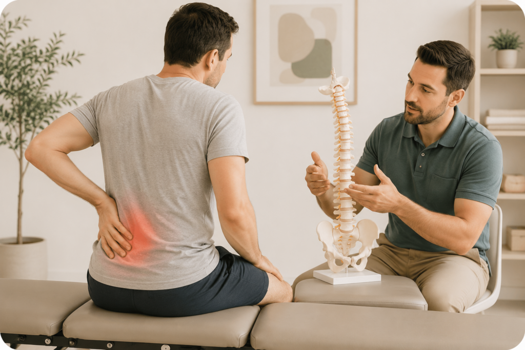 Chiropractor in Chicago discussing lower back pain and sciatica symptoms with patient