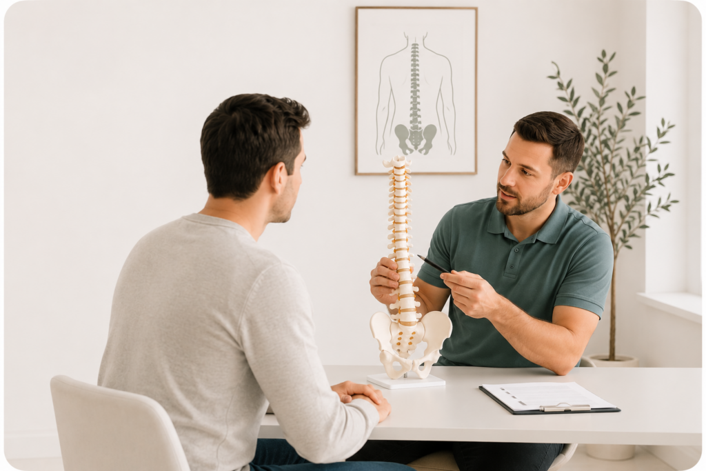 Chiropractor consultation in Chicago discussing spine and posture evaluation with patient