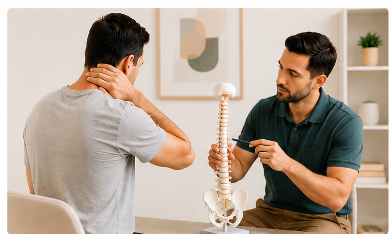 Chiropractor in Chicago explaining neck pain and headache symptoms to a patient during a spinal consultation