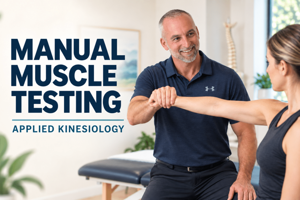 Dr. Jason Godo performing deltoid manual muscle testing during an Applied Kinesiology evaluation