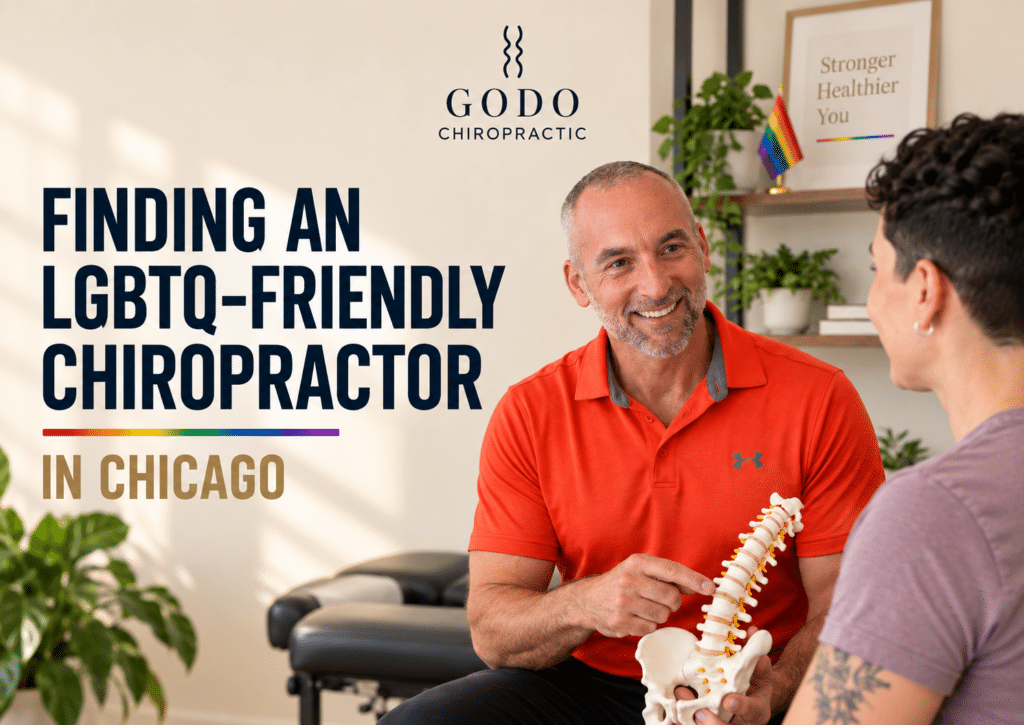 Dr. Jason Godo speaking with a patient at his LGBTQ-friendly chiropractic office in Chicago