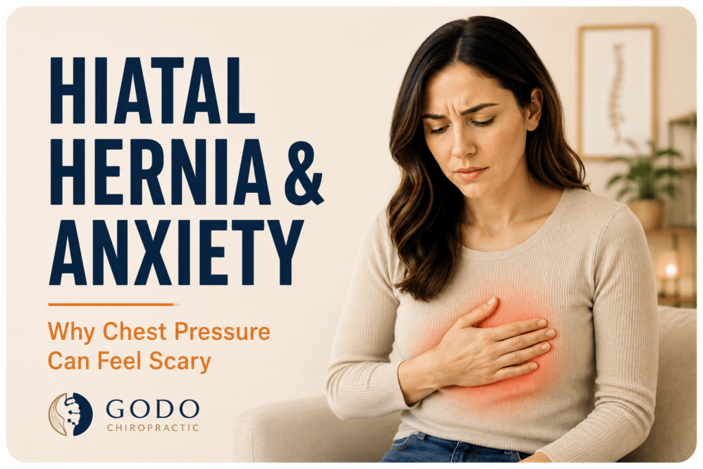 Woman holding her chest with anxiety and discomfort from hiatal hernia-like chest pressure or reflux symptoms.