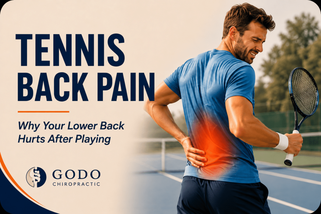 Tennis player holding his lower back with pain after playing tennis on a court.