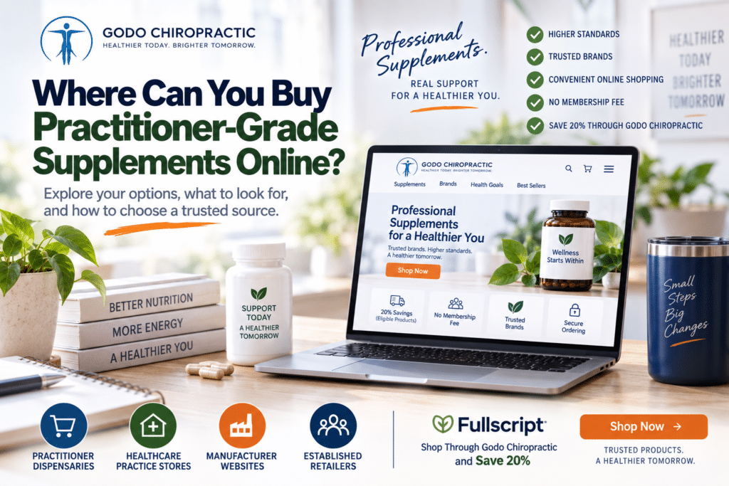 Practitioner-grade supplements beside a laptop showing an online professional supplement store