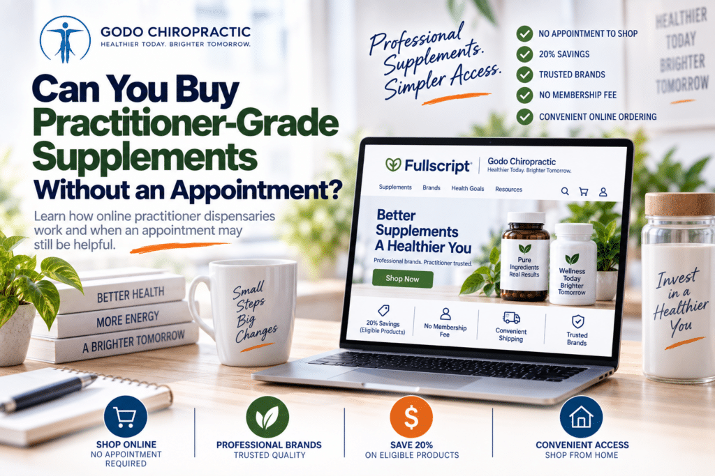 Practitioner-grade supplements shown with an online dispensary and no-appointment shopping message