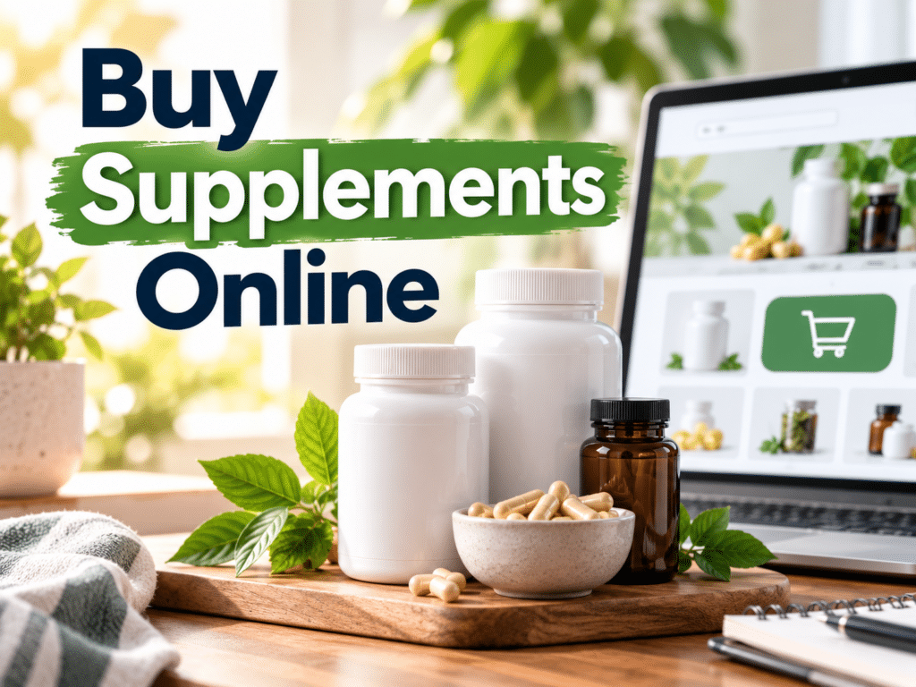 Professional supplement bottles beside a laptop showing an online supplement store