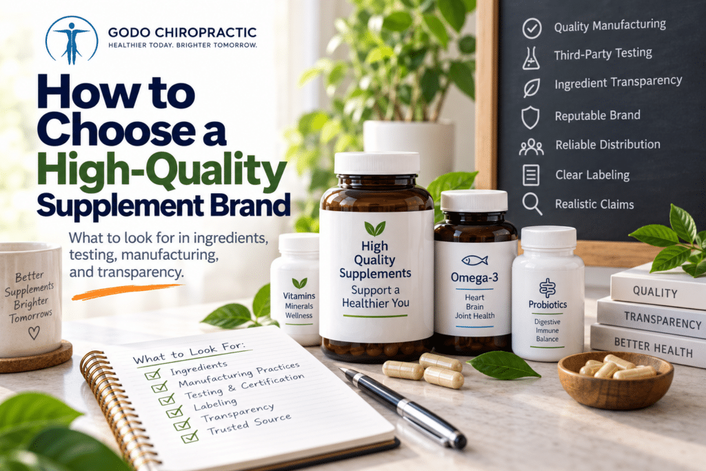 High-quality supplement bottles with a checklist for testing, labeling, and manufacturing