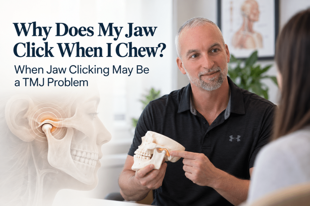 Dr. Jason Godo explaining TMJ and jaw clicking when chewing to a patient in Chicago