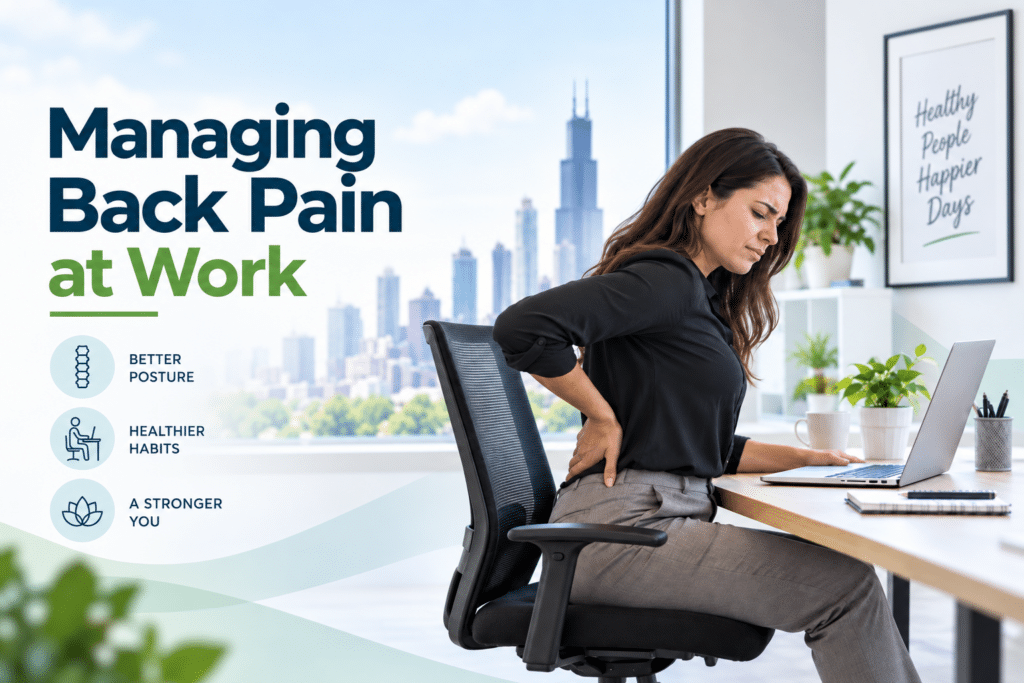 Office worker with lower back pain while sitting at a desk in Chicago