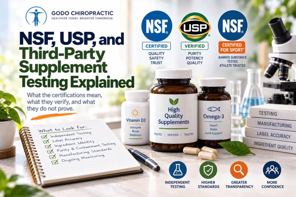 Supplement bottles with NSF, USP, and third-party testing symbols beside laboratory equipment