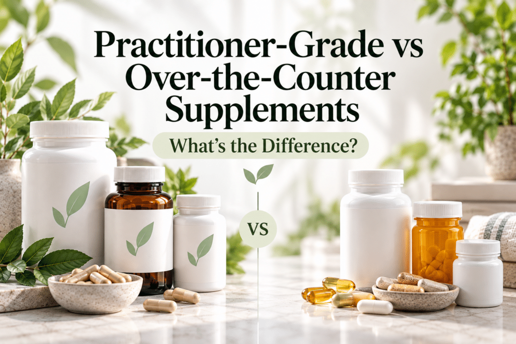 Practitioner-grade and over-the-counter supplement bottles compared side by side