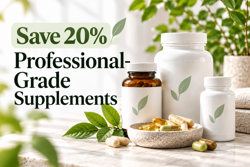 Professional-grade supplement bottles and capsules with Save 20% text