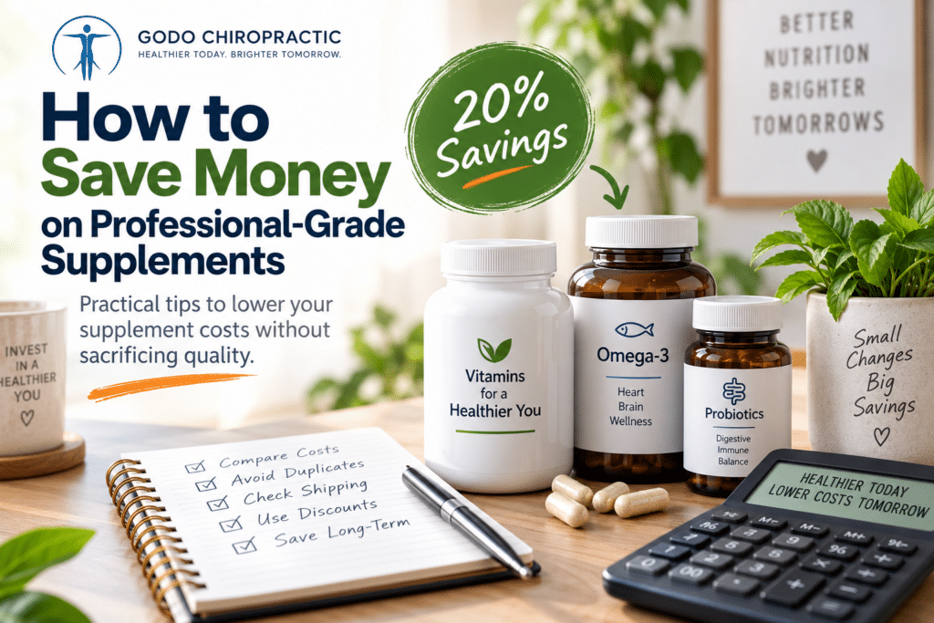 Professional-grade supplement bottles with 20% savings and cost comparison theme