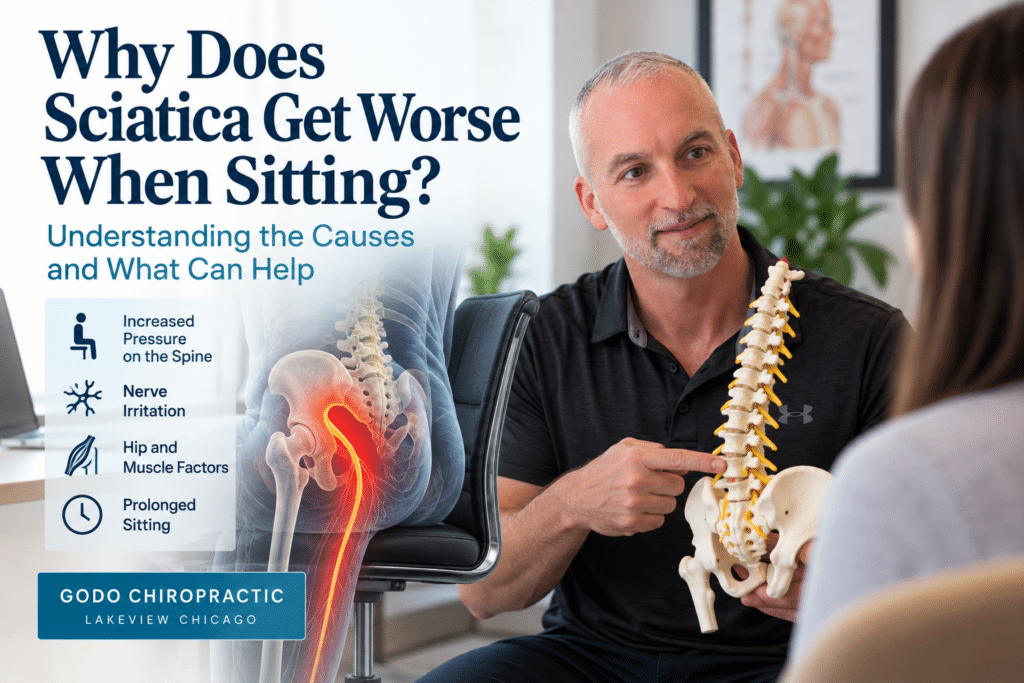 Dr. Jason Godo explaining why sciatica can get worse when sitting