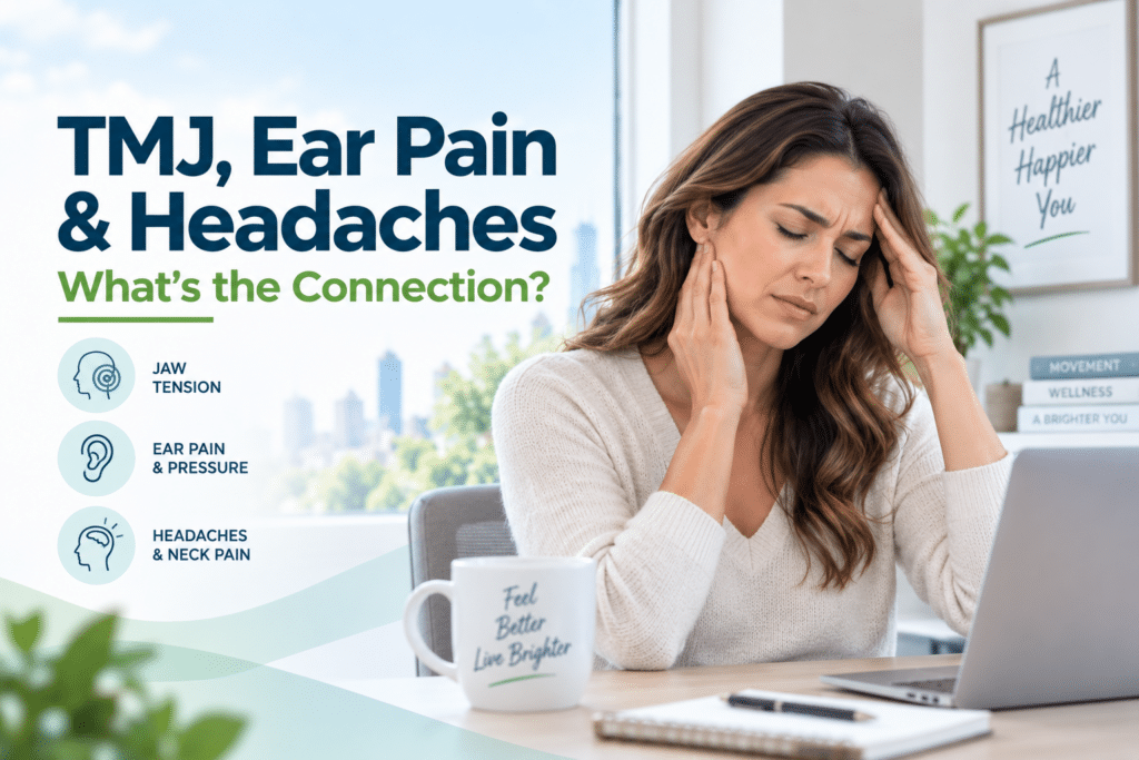 Woman with TMJ jaw pain, ear pressure, headache, and neck pain symptoms